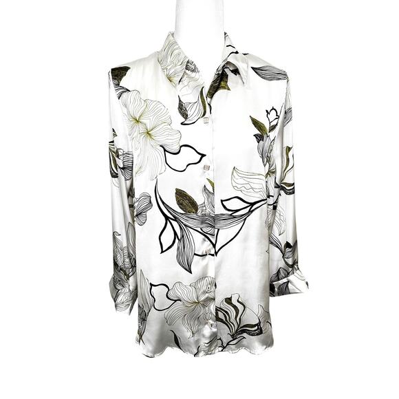 Zara Off White Floral Satin Long Sleeve Button Down Blouse - Picture 6 of 8